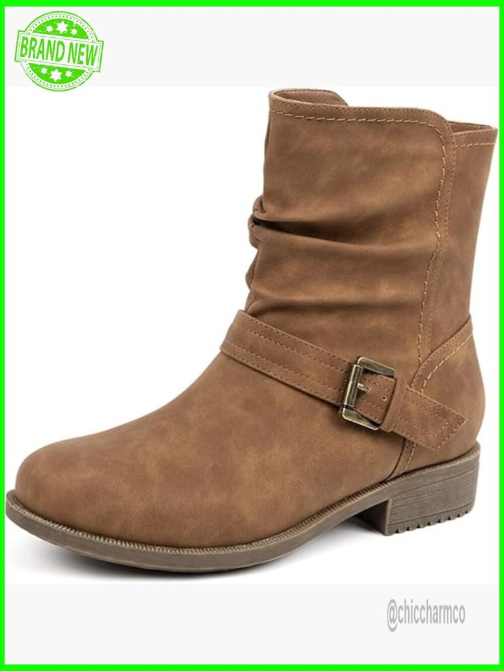 Women's Mid Calf Boots, Comfort Buckle Slouchy Booties with Side Zipper